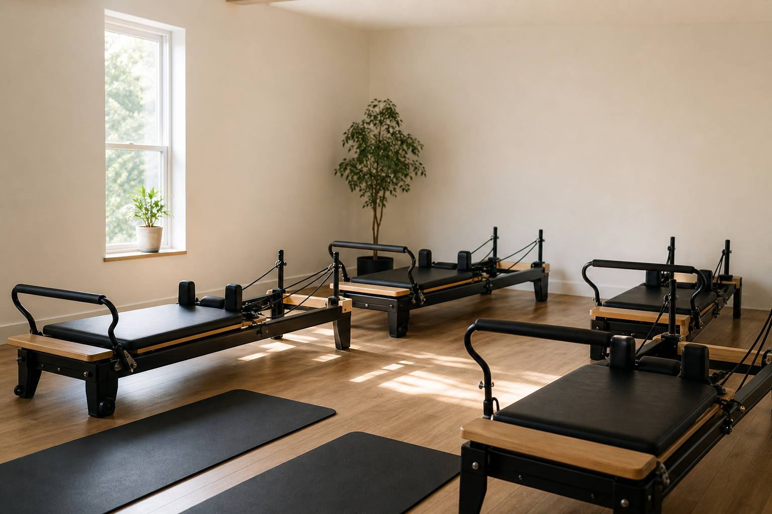 Bright boutique Pilates studio with reformers and mats