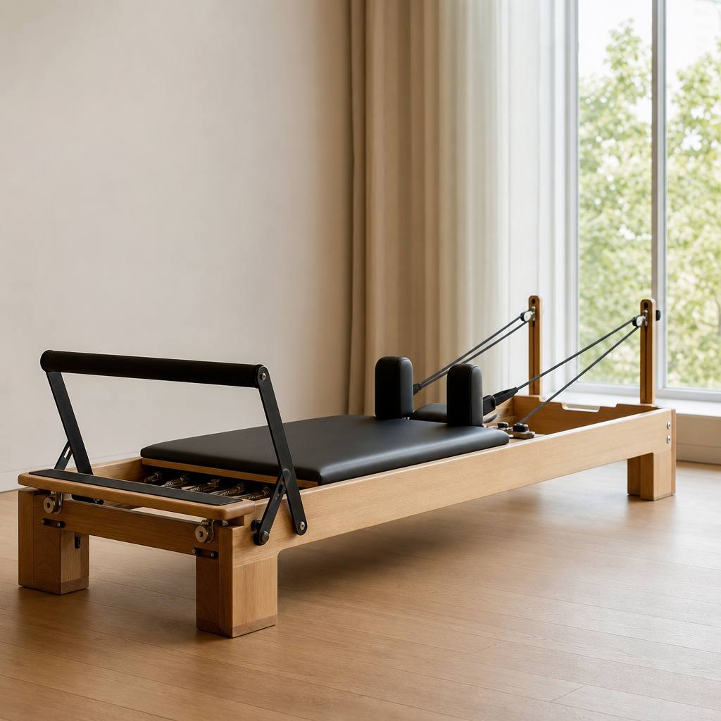 Empty Pilates reformer in soft natural light
