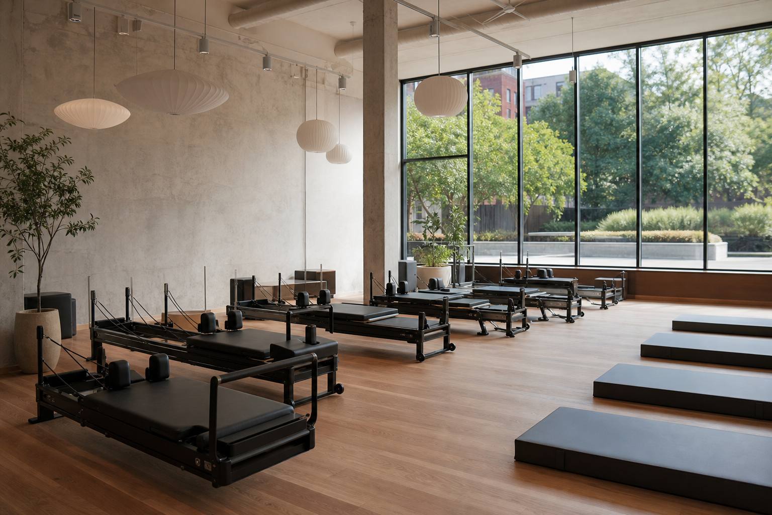 Spacious Quiet Form studio with reformers beside floor-to-ceiling windows